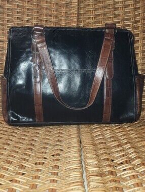 Fossil Black Brown Leather Handbag Computer Briefcase Croc Satchel W/ Key